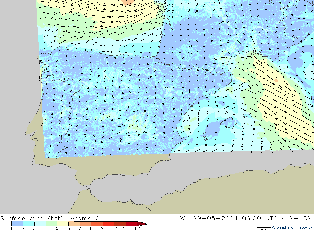 Surface wind (bft) Arome 01 We 29.05.2024 06 UTC