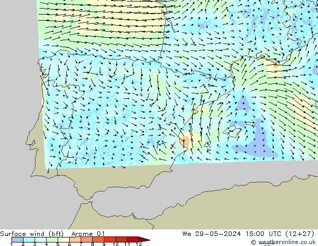 wiatr 10 m (bft) Arome 01 śro. 29.05.2024 15 UTC