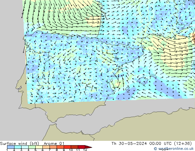 Surface wind (bft) Arome 01 Čt 30.05.2024 00 UTC