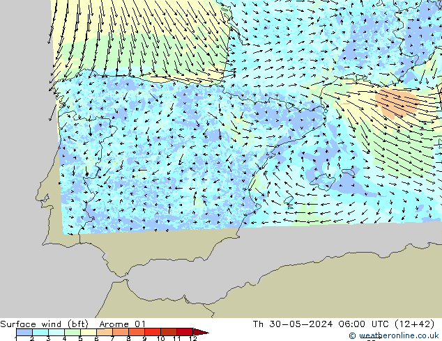 Wind 10 m (bft) Arome 01 do 30.05.2024 06 UTC