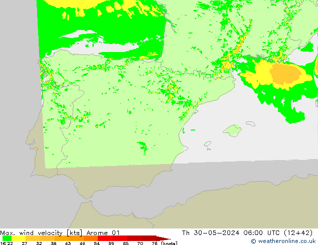 Max. wind velocity Arome 01 Čt 30.05.2024 06 UTC