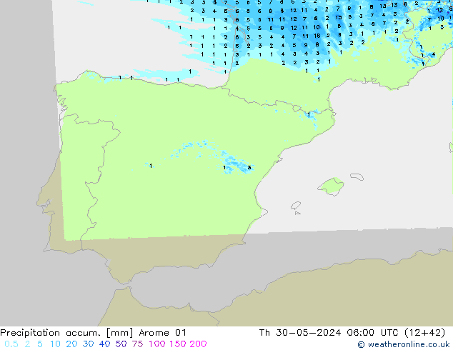 Precipitation accum. Arome 01  30.05.2024 06 UTC