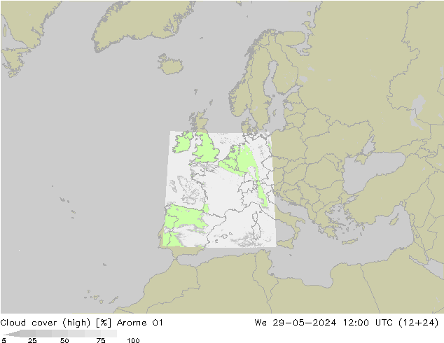 Cloud cover (high) Arome 01 We 29.05.2024 12 UTC