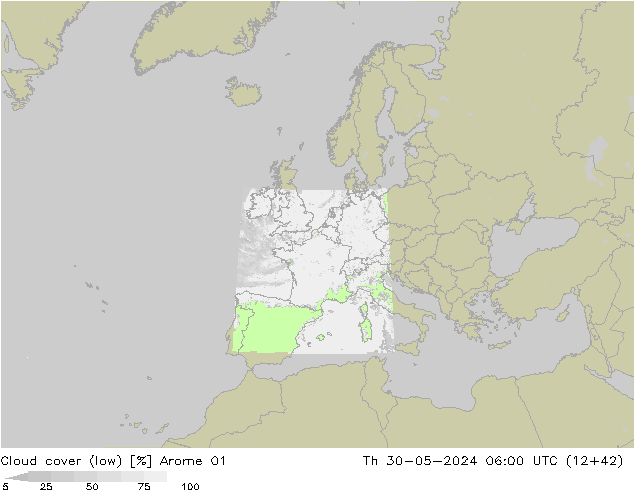 Bewolking (Laag) Arome 01 do 30.05.2024 06 UTC