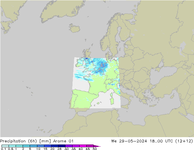 Precipitación (6h) Arome 01 mié 29.05.2024 00 UTC