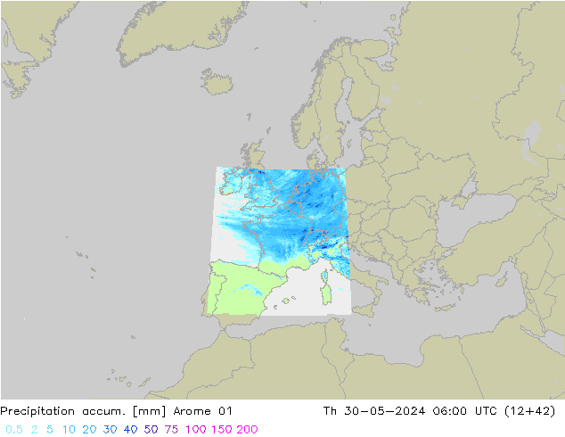Totale neerslag Arome 01 do 30.05.2024 06 UTC