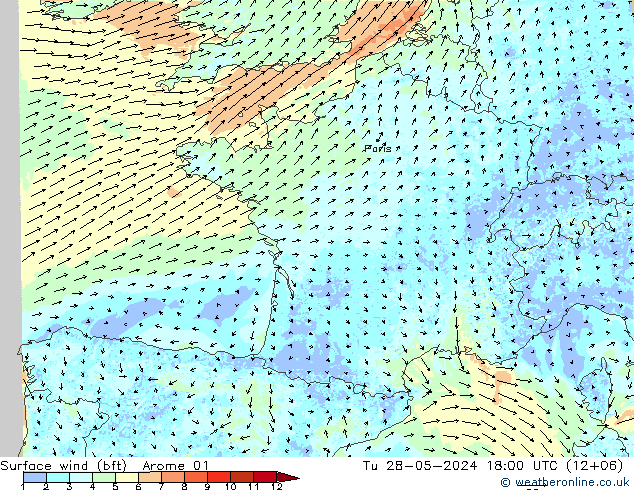 Surface wind (bft) Arome 01 Tu 28.05.2024 18 UTC