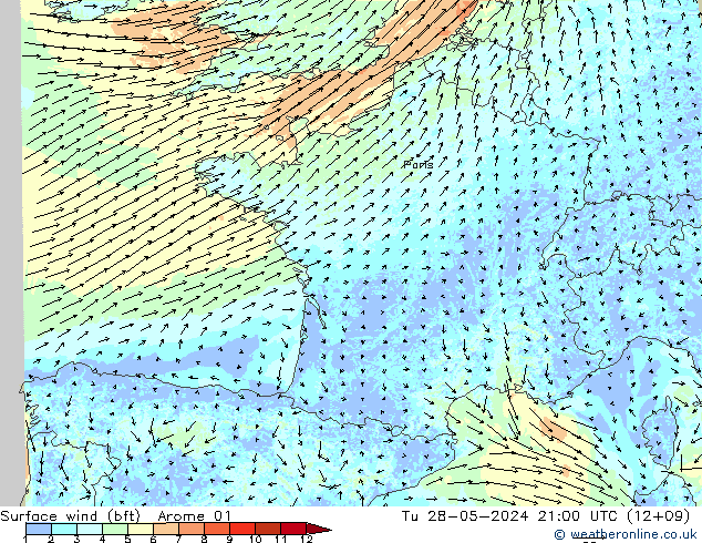 Vent 10 m (bft) Arome 01 mar 28.05.2024 21 UTC