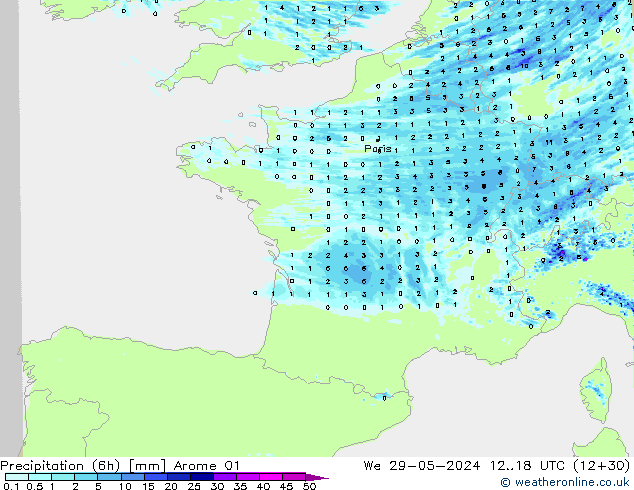 Precipitation (6h) Arome 01 We 29.05.2024 18 UTC