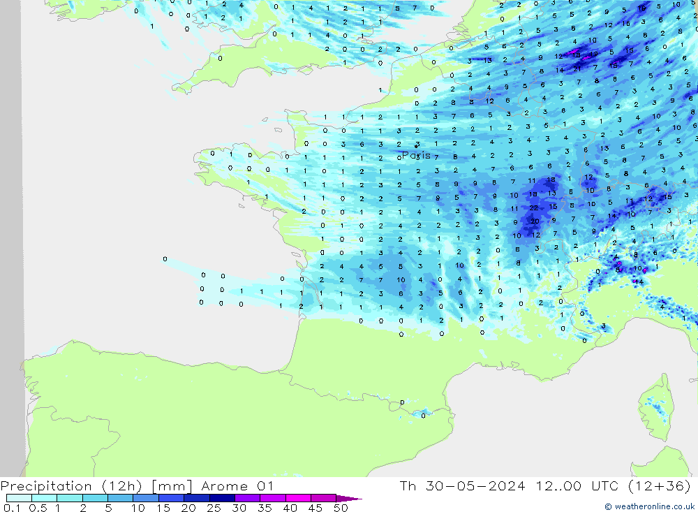 Precipitation (12h) Arome 01 Čt 30.05.2024 00 UTC