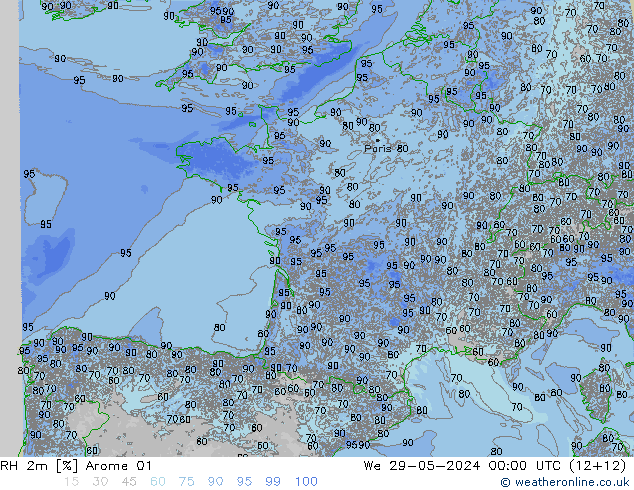 RH 2m Arome 01 St 29.05.2024 00 UTC