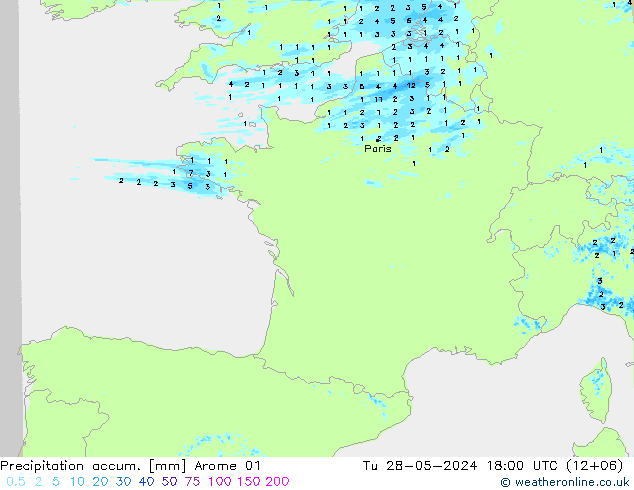 Precipitation accum. Arome 01 Tu 28.05.2024 18 UTC