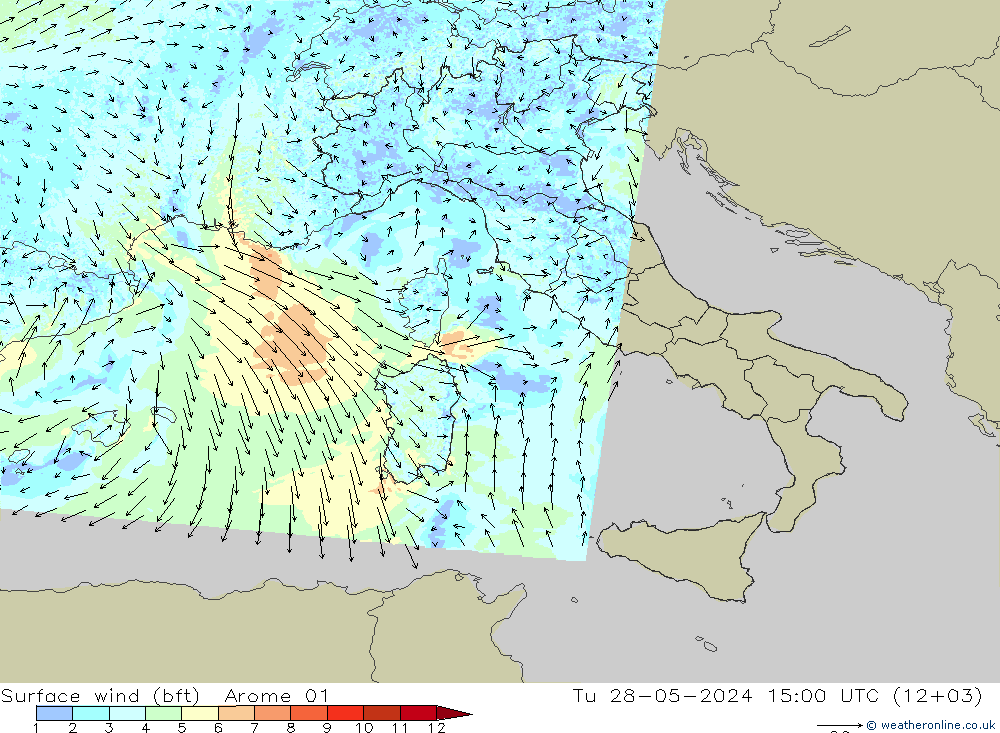 Rüzgar 10 m (bft) Arome 01 Sa 28.05.2024 15 UTC
