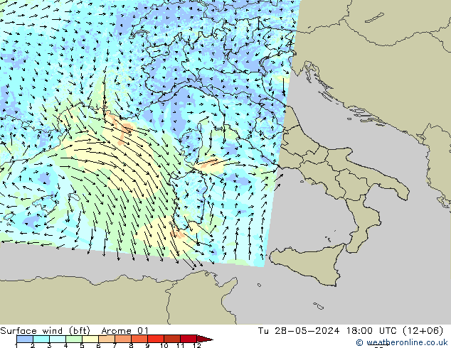 Viento 10 m (bft) Arome 01 mar 28.05.2024 18 UTC