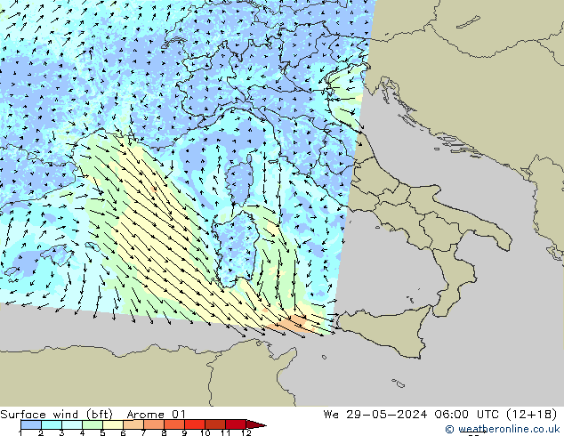 Surface wind (bft) Arome 01 We 29.05.2024 06 UTC