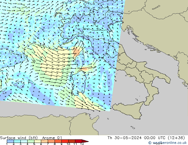 ве�Bе�@ 10 m (bft) Arome 01 чт 30.05.2024 00 UTC