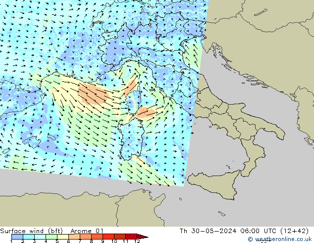 ве�Bе�@ 10 m (bft) Arome 01 чт 30.05.2024 06 UTC