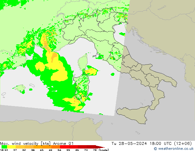 Max. wind velocity Arome 01 mar 28.05.2024 18 UTC