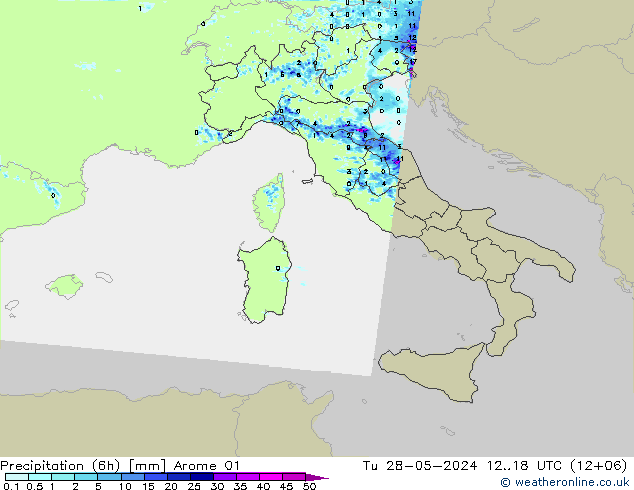 Totale neerslag (6h) Arome 01 di 28.05.2024 18 UTC