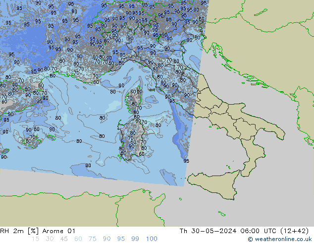 RH 2m Arome 01 Th 30.05.2024 06 UTC