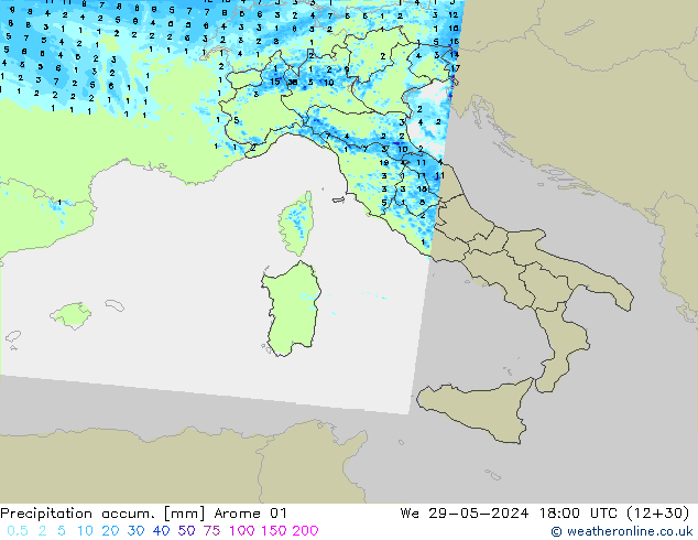 Precipitación acum. Arome 01 mié 29.05.2024 18 UTC