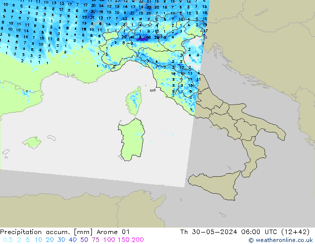 Totale neerslag Arome 01 do 30.05.2024 06 UTC