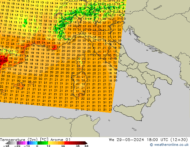 Temperatura (2m) Arome 01 mié 29.05.2024 18 UTC