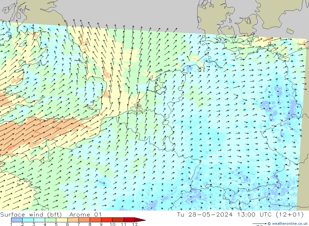 Surface wind (bft) Arome 01 Út 28.05.2024 13 UTC