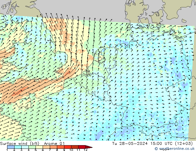 Wind 10 m (bft) Arome 01 di 28.05.2024 15 UTC