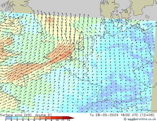 Viento 10 m (bft) Arome 01 mar 28.05.2024 18 UTC