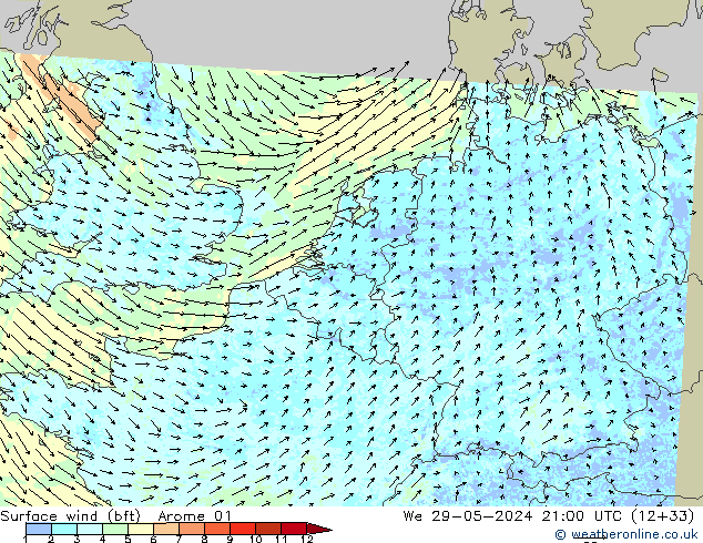 Surface wind (bft) Arome 01 We 29.05.2024 21 UTC