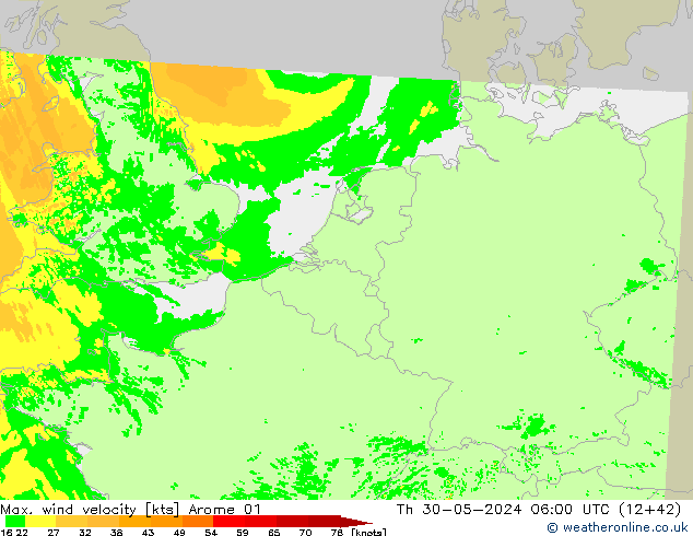 Max. wind velocity Arome 01 Th 30.05.2024 06 UTC