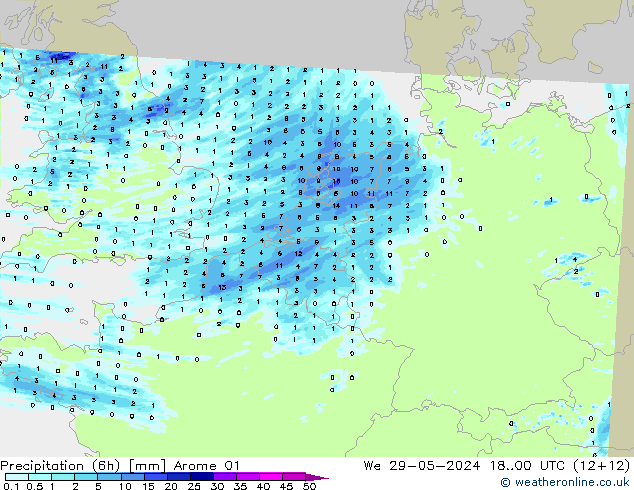 Precipitation (6h) Arome 01 St 29.05.2024 00 UTC