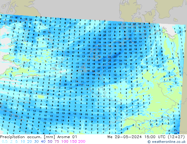 Totale neerslag Arome 01 wo 29.05.2024 15 UTC