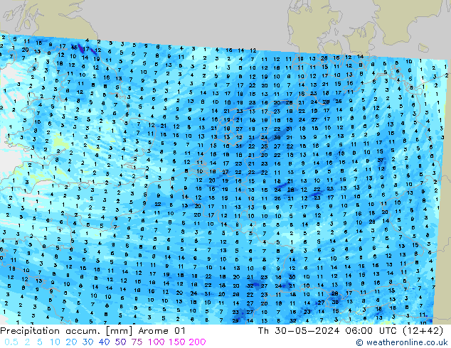 Precipitation accum. Arome 01 Th 30.05.2024 06 UTC