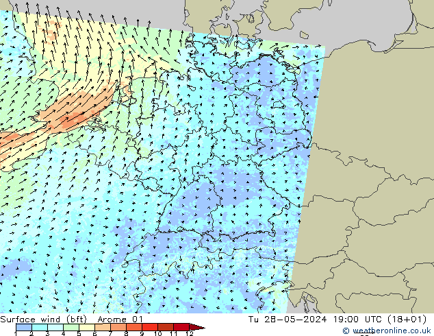 Surface wind (bft) Arome 01 Tu 28.05.2024 19 UTC