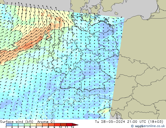 Surface wind (bft) Arome 01 Út 28.05.2024 21 UTC