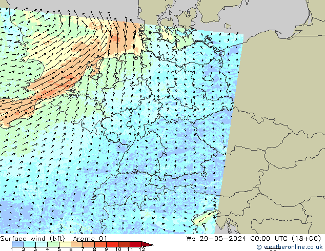 wiatr 10 m (bft) Arome 01 śro. 29.05.2024 00 UTC