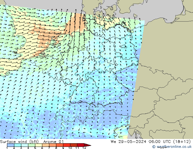 Surface wind (bft) Arome 01 We 29.05.2024 06 UTC