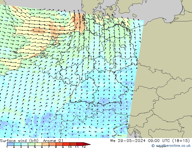  10 m (bft) Arome 01  29.05.2024 09 UTC