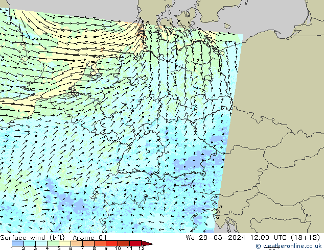 Surface wind (bft) Arome 01 We 29.05.2024 12 UTC