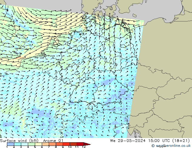 Surface wind (bft) Arome 01 St 29.05.2024 15 UTC