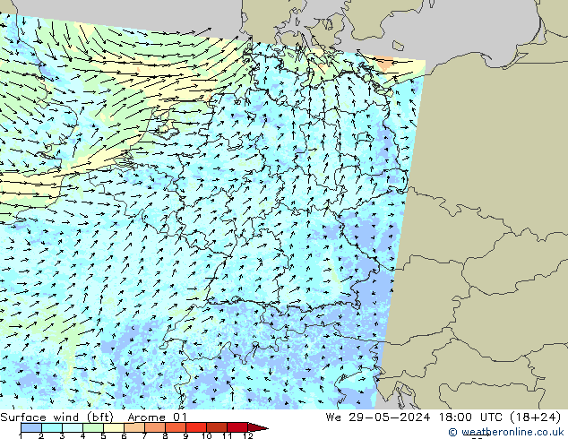 Surface wind (bft) Arome 01 St 29.05.2024 18 UTC