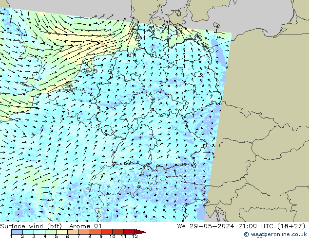 Surface wind (bft) Arome 01 We 29.05.2024 21 UTC