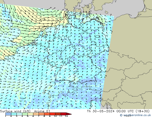 Wind 10 m (bft) Arome 01 do 30.05.2024 00 UTC