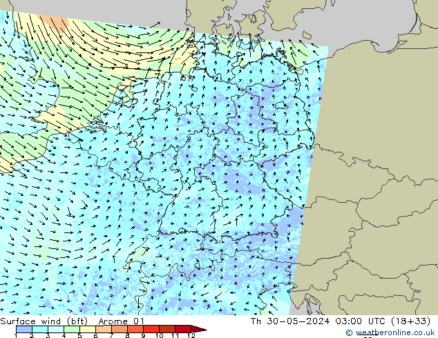 wiatr 10 m (bft) Arome 01 czw. 30.05.2024 03 UTC
