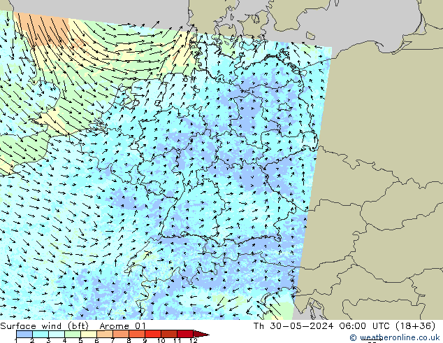 Wind 10 m (bft) Arome 01 do 30.05.2024 06 UTC