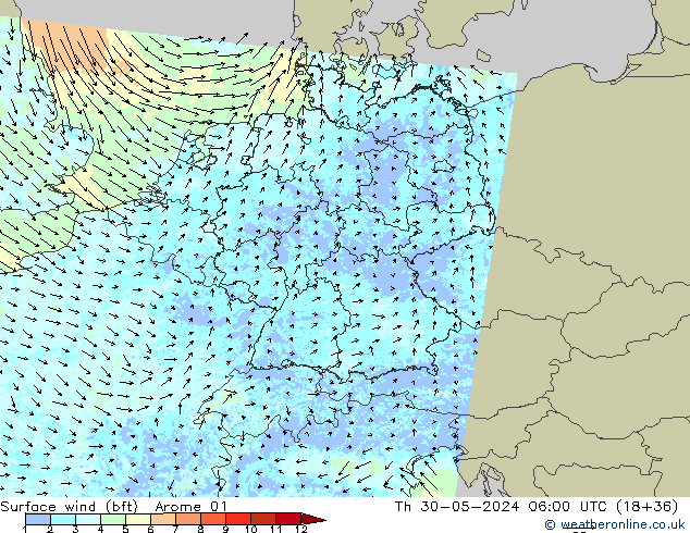 ве�Bе�@ 10 m (bft) Arome 01 чт 30.05.2024 06 UTC