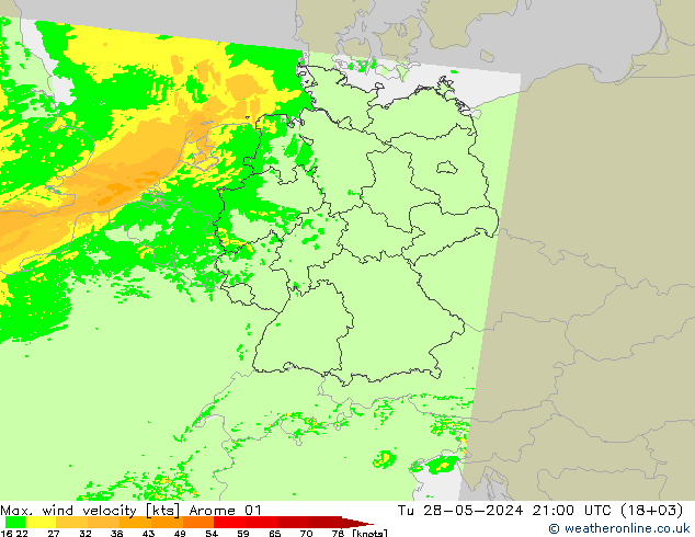 Max. wind velocity Arome 01 mar 28.05.2024 21 UTC