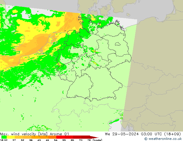 Max. wind velocity Arome 01 We 29.05.2024 03 UTC